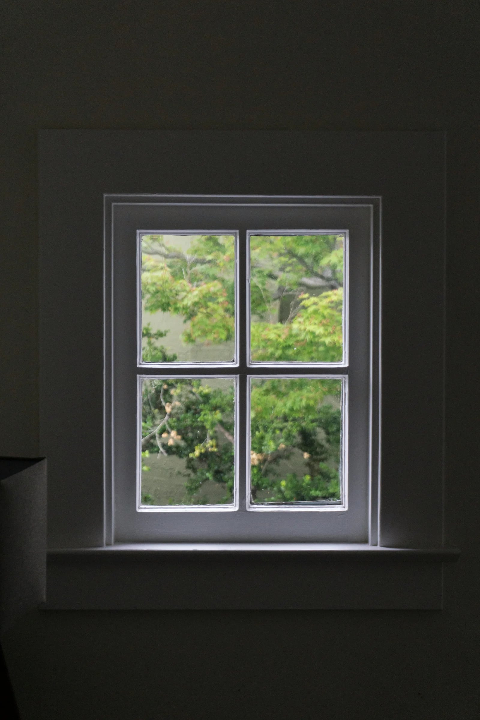 Fenêtre blanche à croisillons vue depuis l'intérieur d'une pièce